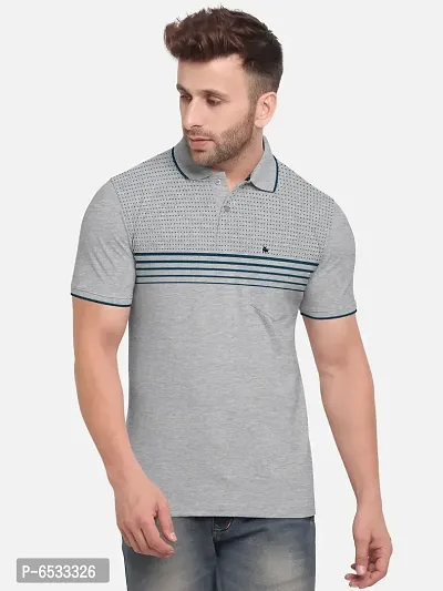 Stylish Cotton Blend Grey Striped Polos Neck Half Sleeves T-shirt For Men- Pack Of 1-thumb0