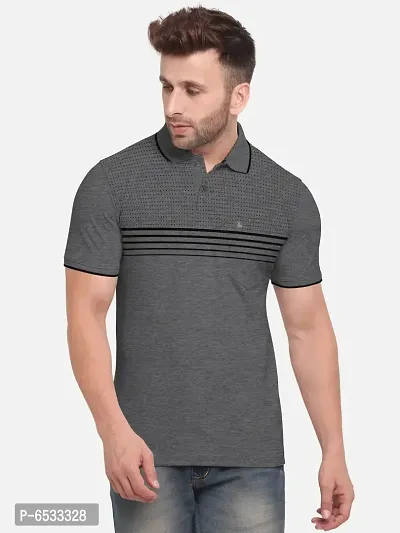Stylish Cotton Blend Grey Striped Polos Neck Half Sleeves T-shirt For Men- Pack Of 1