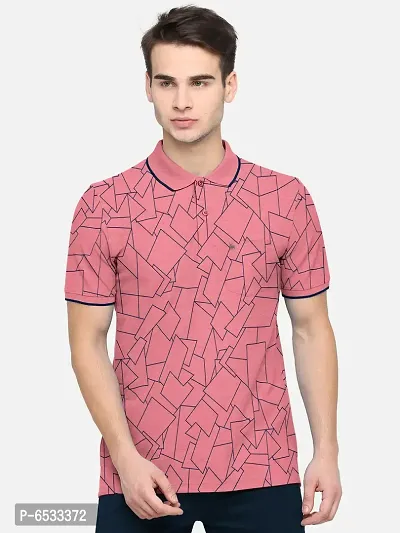 Stylish Cotton Blend Pink Printed Polos Neck Half Sleeves T-shirt For Men- Pack Of 1-thumb0