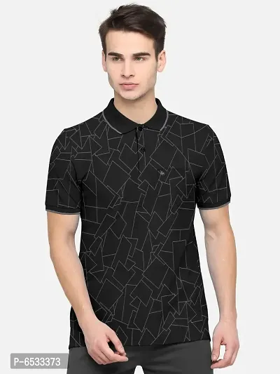 Stylish Cotton Blend Black Printed Polos Neck Half Sleeves T-shirt For Men- Pack Of 1-thumb0