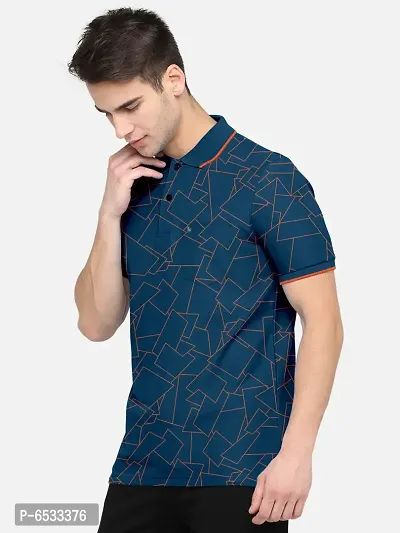 Stylish Cotton Blend Blue Printed Polos Neck Half Sleeves T-shirt For Men- Pack Of 1-thumb2