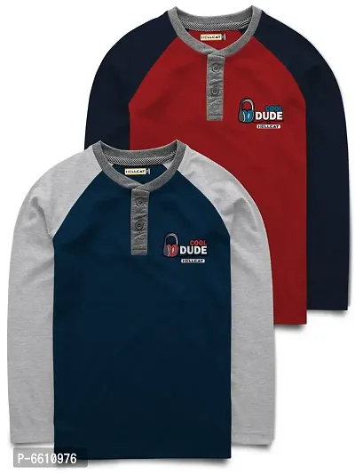 Stylish Multicoloured Raglan Full Sleeve Henley Neck T Shirt For Boys Pack Of 2