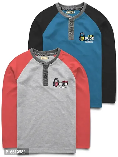 Stylish Multicoloured Raglan Full Sleeve Henley Neck T-shirt For Boys-Pack of 2