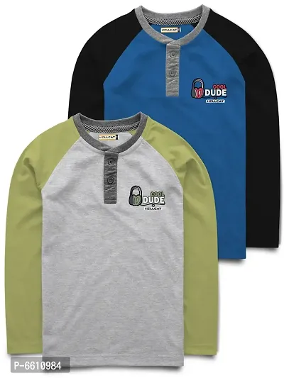 Stylish Multicoloured Raglan Full Sleeve Henley Neck T-shirt For Boys-Pack of 2