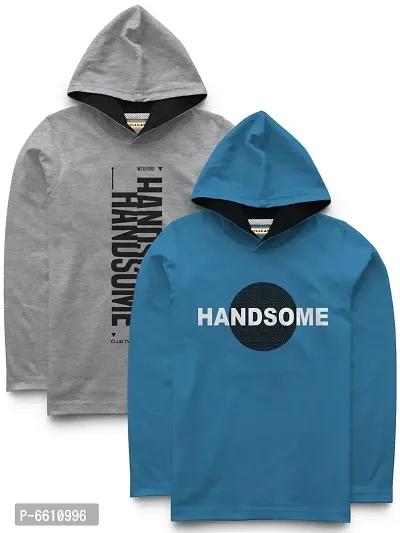 Stylish Multicoloured Full Sleeve Hooded T-shirt For Boys-Pack of 2