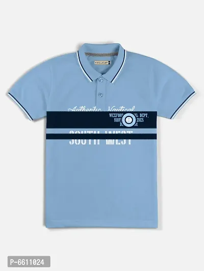 Stylish Blue Polo Collar Neck Half Sleeve Printed T-shirt For Boys
