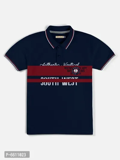 Stylish Navy Blue Polo Collar Neck Half Sleeve Printed T-shirt For Boys