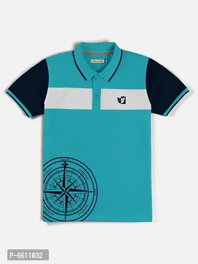 Stylish Sea Green Polo Collar Neck Half Sleeve Printed T-shirt For Boys
