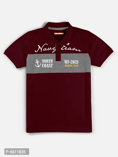 Stylish Maroon Polo Collar Neck Half Sleeve Printed T-shirt For Boys