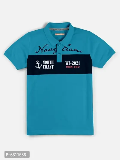 Stylish Sea Blue Polo Collar Neck Half Sleeve Printed T-shirt For Boys