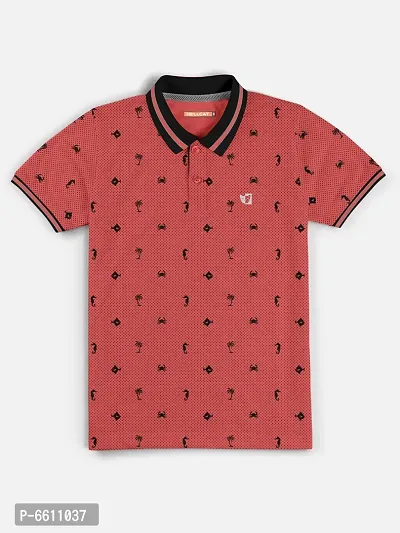 Stylish Orange Polo Collar Neck Half Sleeve Printed T-shirt For Boys