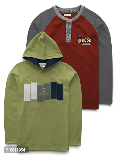 Stylish Multicoloured Hooded T-shirt with Henley Neck Raglan Full Sleeve T-shirt For Boys- Pack Of 2