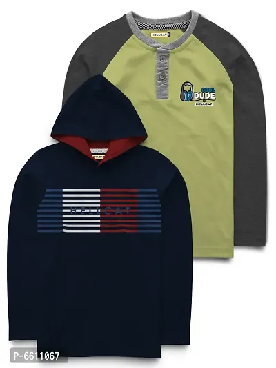 Stylish Multicoloured Hooded T-shirt with Henley Neck Raglan Full Sleeve T-shirt For Boys- Pack Of 2