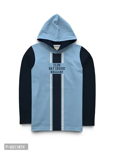 Stylish Blue Printed Hooded Full Sleeve T-shirt For Boys