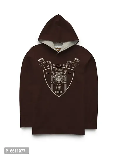 Stylish Brown Printed Hooded Full Sleeve T-shirt For Boys