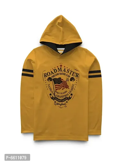 Stylish Yellow Printed Hooded Full Sleeve T-shirt For Boys