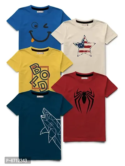 Trendy Printed Round Neck Half  Short Sleeve Pack of 5 Tshirt for Boys