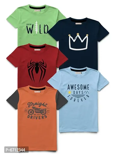 Trendy Printed Round Neck Half  Short Sleeve Pack of 5 Tshirt for Boys