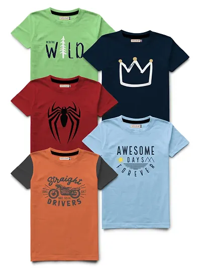 Kids Stylish Multicoloured Printed T-shirt For Boys- Pack Of 5