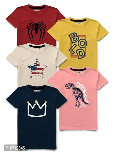 Trendy Printed Round Neck Half  Short Sleeve Pack of 5 Tshirt for Boys