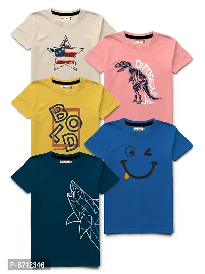 Trendy Printed Round Neck Half  Short Sleeve Pack of 5 Tshirt for Boys