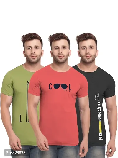 Trendy Printed Pack Of 3 Round Neck Half Short Sleeve Tshirts For Men-thumb0