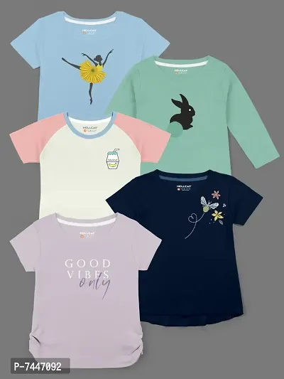 Trendy Cotton Blend Printed T-shirts For Girls- Pack Of 5