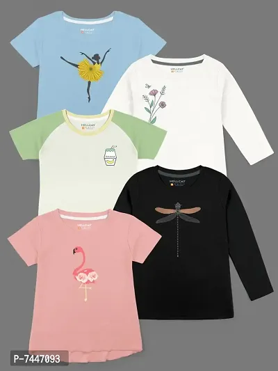 Trendy Cotton Blend Printed T-shirts For Girls- Pack Of 5