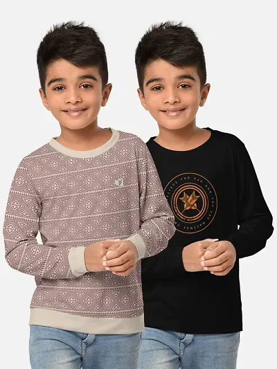 Kids Cotton Blend Printed Full Sleeves Tees For Boys- Pack Of 2