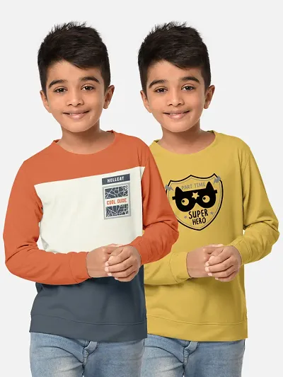 Kids Cotton Blend Printed Full Sleeves Tees For Boys- Pack Of 2