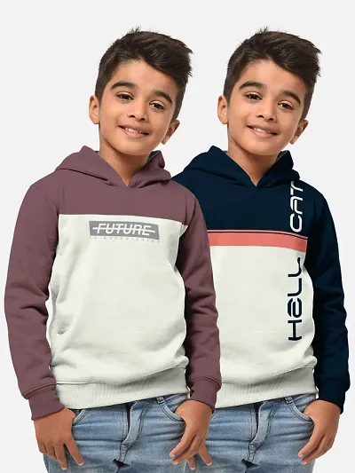 Kids Cotton Blend Printed Full Sleeve Hooded Tees For Boys- Pack Of 2