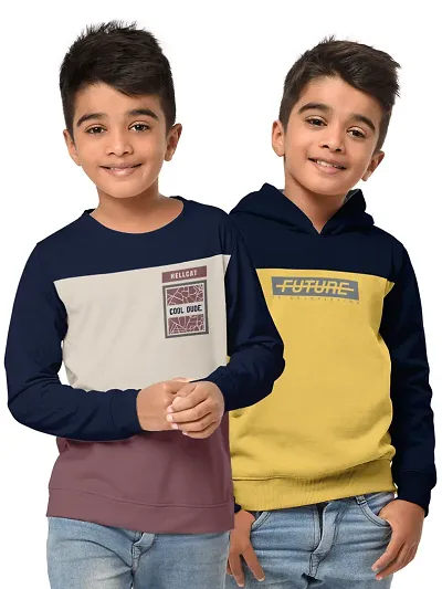 Stylish Cotton Blend Printed Hooded Sweatshirts For Boys - Pack Of 2