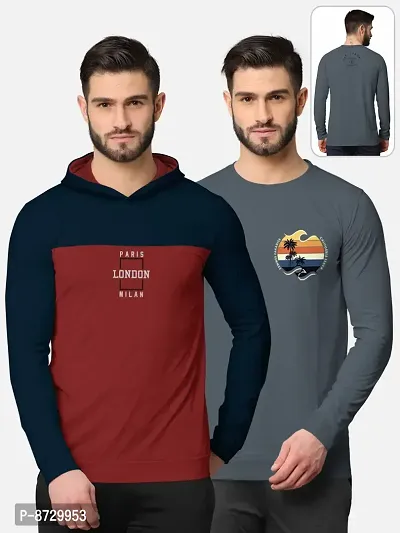 Pack of 2 Trendy Front and Back Printed Full Sleeve / Long Sleeve Hooded Tshirt for Men