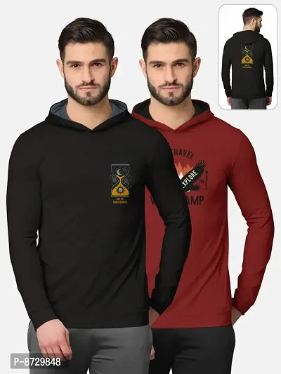 Pack of 2 Trendy Front and Back Printed Full Sleeve / Long Sleeve Hooded Tshirt for Men