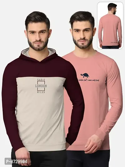 Pack of 2 Trendy Front and Back Printed Full Sleeve / Long Sleeve Hooded Tshirt for Men-thumb0