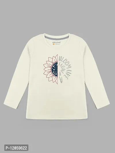 Stylish Off White Cotton Blend Printed Tee For Girls
