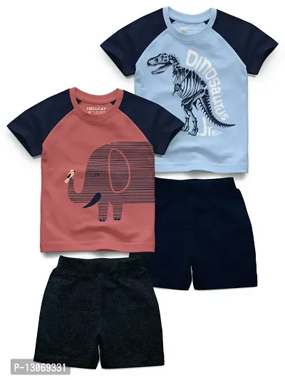 Fabulous Multicoloured Cotton Blend Printed T-Shirts with Shorts For Boys Pack Of 2 Sets