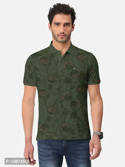 Stylish Olive Trendy Printed Half Sleeve Polo T-shirt for Mens