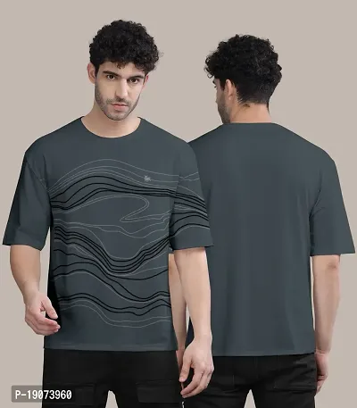 Stylish Dark Grey Front Printed Colourblock Baggy Oversized Tshirt for Men-thumb0