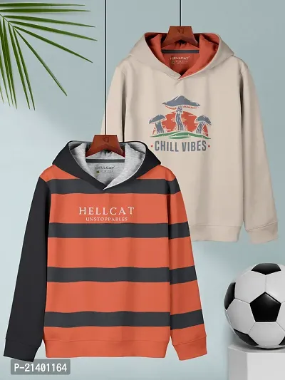 Orange   Beige Printed Cotton Blend Hoodie T-shirt For Boys - Pack of 2