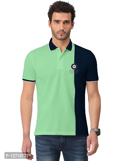 Elegant Green Cotton Blend Colourblocked Polos For Men-thumb0