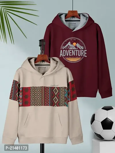 Beige   Burgundy Printed Cotton Blend Hoodie T-shirt For Boys - Pack of 2