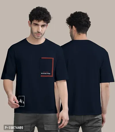 Stylish Navy Blue Front Printed Colourblock Baggy Oversized Tshirt for Men