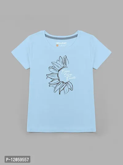 Stylish Blue Cotton Blend Printed Tee For Girls