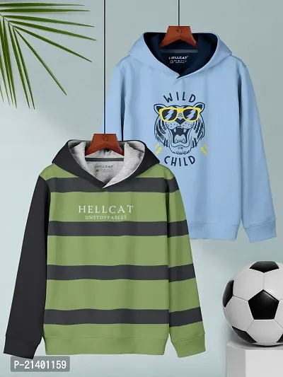 Green   Sky Blue Printed Cotton Blend Hoodie T-shirt For Boys - Pack of 2