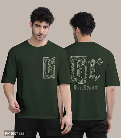 Stylish Olive Front and Back Printed Colourblock Baggy Oversized Tshirt for Men-thumb0