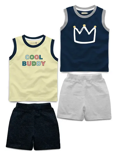 Printed Cotton Blend Sleeveless T Shirt and Shorts Set Pack of 2