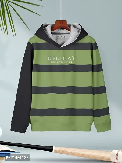 Jade Green Striped Cotton Blend Hoodie T-shirt For Boys