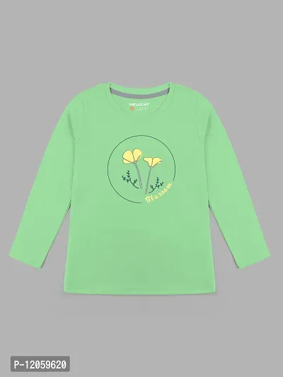 Stylish Green Cotton Blend Printed Tee For Girls