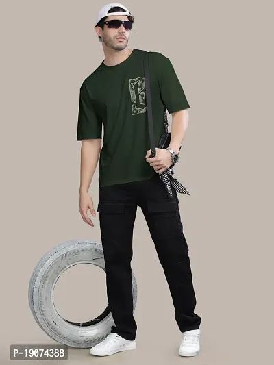 Stylish Olive Front and Back Printed Colourblock Baggy Oversized Tshirt for Men-thumb4